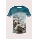 Basic Mens 3D Tee Top Contrasted Wolf Water Printed Round Neck Slim Fit Short Sleeve Tee Top