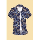 Fancy Shirt All over Phoenix Printed Button down Short Sleeve Point Collar Regular Fitted Shirt for Men