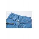 Women's New Trendy High Rise Eyelet Tied Waist Oblique Zip Light Blue Regular Fit Jeans