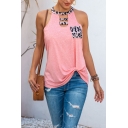 Leisure Leopard Printed Patchwork Sleeveless Crew Neck Hollow Out Twist Hem Relaxed Tank Top