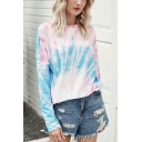 Girls Pretty Tie Dye Striped Printed Long Sleeve Crew Neck Relaxed Tee Top