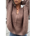 Leisure Womens Solid Color Split Side V Neck Long Sleeve Loose Knitwear Pullover Sweater