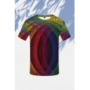 Classic Mens 3D Tee Top Multicolored Abstract Arc Pattern Short Sleeve Slim Fitted Crew Neck Tee Top
