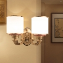 Asia Style Cylindrical Wall Lighting Idea 2 Lights Cream Frosted Glass Wall Mount Lamp in Brass