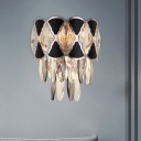 3-Head Tiered Flush Mount Wall Sconce Modernist Black Cut Crystal Wall Mounted Light