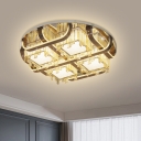 Stainless Steel Checkered Ceiling Lamp Modern Crystal Living Room LED Flush Mount with Round Canopy