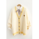 Popular Bear Embroidered Long Sleeve V-neck Contrasted Knit Loose Fit Cardigan in Yellow
