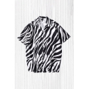 Trendy Mens Zebra Stripe Pattern Button up Short Sleeve Loose Fit Notch Collar Shirt