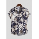 Mens Shirt Chic Hibiscus Leaf Pattern Button-down Short Sleeve Notch Collar Regular Fit Shirt with Chest Pocket