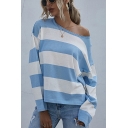 Popular Womens Stripe Printed Long Sleeve Round Neck Knit Relaxed Sweater in Sky Blue