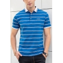 Fancy Mens Polo Shirt Striped Letter Boundary Printed Contrasted Trim Spread Collar Fitted Short Sleeve Polo Shirt