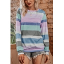 Leisure Stripe Printed Long Sleeve Crew Neck Relaxed Fit T-shirt for Ladies
