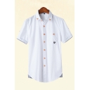 Mens Simple Shirt Striped Mushroom Embroidered Curved Hem Spread Collar Short Sleeve Fitted Shirt
