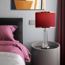 Rural Cylinder Table Lamp 1-Head Fabric Nightstand Lighting in Burgundy with Crystal Column