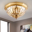 Domed Clear and Frosted Glass Flushmount Antique 4 Bulbs Parlor Ceiling Light in Brass
