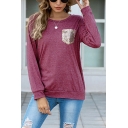 Sparkly Womens Sequin Embellished Chest Pocket Crew Neck Long Sleeve Relaxed Tee Top