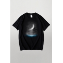 Mens Cozy T-Shirt Galaxy Figure Fishing Moon Pattern Short Sleeve Crew Neck oversized Tee Top
