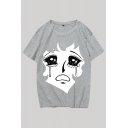 Casual Mens T-Shirt Cartoon Figure Crying Face Pattern Loose Fit Short Sleeve Crew Neck Top Tee