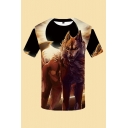 Novelty Mens 3D Tee Top Wolf Pattern Short Sleeve Slim Fitted Crew Neck Tee Top