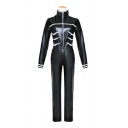 Cool Black Leather Contrasted Long Sleeve Stand Collar Zip Up Regular Crop Asymmetric Jacket & Straight Long Pants Set