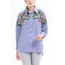 Retro Womens Striped Printed Floral Embroidery Button down Turn-down Collar Long Sleeve Regular Fit Shirt in Blue