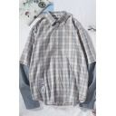 Mens Shirt Unique Plaid Pattern Curved Hem False Two Pieces Button up Spread Collar Long Sleeve Relaxed Fit Shirt