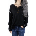 Simple Long Sleeve Lapel Neck Button Front Solid Color Relaxed Fit T Shirt for Women
