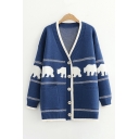 Stylish Girls Elephant Stripe Print Contrasted Long Sleeve V-neck Button-up Knitted Loose Fit Cardigan