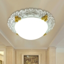 Dome Balcony Flush Light Fixture Retro Opal Glass Brown/White-Gold LED Ceiling Lighting with Embossed Scroll Flower Edge