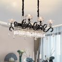 Black Floral Island Pendant Light Modern 9 Heads Hand-Cut Crystal Suspension Lighting with Curved Arm