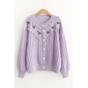 Fancy Girls Floral Embroidered Pom Pom Decoration Long Sleeve Crew Neck Button -up Relaxed Knit Cardigan