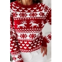 Pop Womens Elk Snowflake Heart Print Crew Neck Long Sleeve Regulaar Fit Knitwear Pullover Sweater
