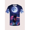 Mens 3D T-Shirt Creative Cartoon Wolf Galaxy Moon Printed Slim Fitted Round Neck Short Sleeve T-Shirt