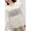 Girls Cute Double Layer Peter Pan Collar Long Sleeve Loose Fit Sheer Lace Blouse