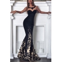 Fashionable Womens Patchwork Floral Embroidered Crew Neck Sleeveless Floor Length Bodycon Mermaid Dress Evening Gown in Black