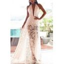 White Pretty Womens Hollow Out Lace Halter Sleeveless Floor Length Fit&Flare Gown Backless Dress