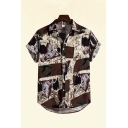 Stylish Men's Shirt Color Block Floral Leaf Printed Curved Hem Spread Collar Regular Fit Short Sleeve Shirt
