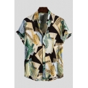 Mens Cool Shirt Leaf Geometry Print Spread Collar Short Sleeve Fitted Shirt