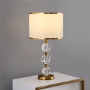 1-Light Fabric Nightstand Lighting Rustic Gold Drum Bedroom Table Light with Crystal Block