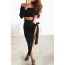 Party Ladies Solid Color Long Sleeve Off the Shoulder Choker Fit Crop Tee & Bow Tied Side Long Asymmetric Tight Skirt Set in Black
