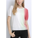 White Popular Ombre Round Neck Short Sleeve Regular Fit Pullover Knitwear Top for Women