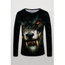 Mens 3D T-Shirt Stylish Tusk Wolf Pattern Crew Neck Long Sleeve Slim Fitted T-Shirt
