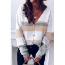 Streetwear Girls Contrasted Long Sleeve Knit V-neck Button Up Loose Fit Cardigan