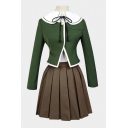 Cosplay Costume Contrasted Long Sleeve Sailor Collar Button Detail Bow Tied Fit Top & Short A-line Pleated Skirt Set in Green