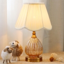 Teardrop Bedroom Night Lamp Tan Glass 1 Head Minimalism Desk Lighting with Ruffle-Edge Fabric Shade in White