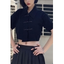 Summer New Stylish Retro Chinese Style Frog Button Front Stand Collar Short Sleeve Black Crop Top