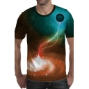 Simple Tee Top 3D Galaxy Planet Pattern Short Sleeve Crew Neck Fitted Tee Top for Men
