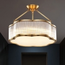 Gold Floral Drum Semi Flush Chandelier Postmodern Crystal 5/6-Light Bedroom Close to Ceiling Light, 19.5