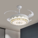 4 Blades Embedded Crystal Drum Semi Flush Modern Bedroom LED Flush Mount Ceiling Fan Light in White, 19