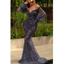 Womens Sequins Decoration Sheer Long Sleeve Choker Maxi Fishtail Pageant Gown in Blue